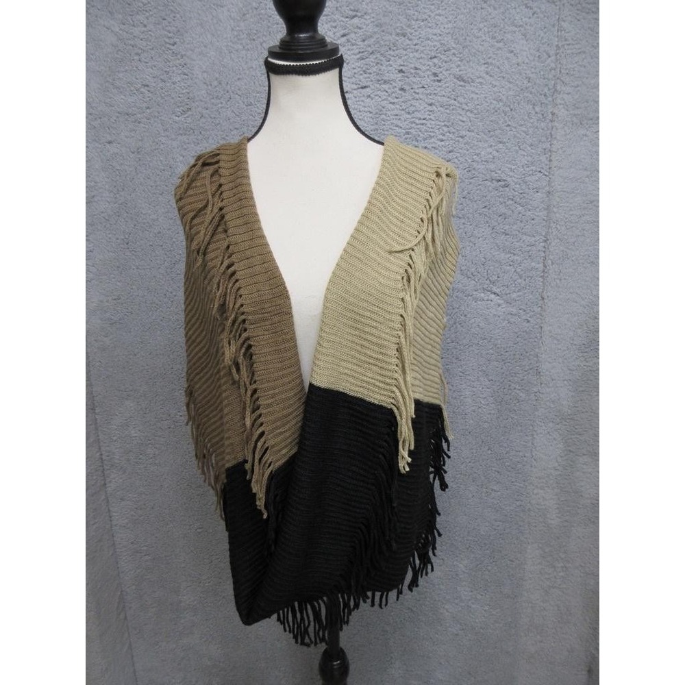 IR Knit Shawl Wrap Womens One Size Tan Black Colorblock Boho‎ Fringe FN20274-BK